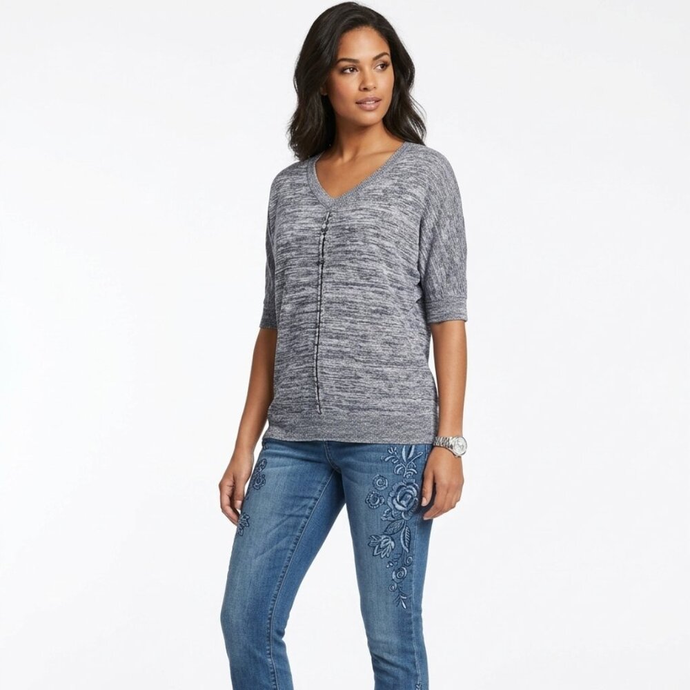 Weekends by Chico's Blue Marled Knit V-Neck Top sz 2 (12) Coastal Boho